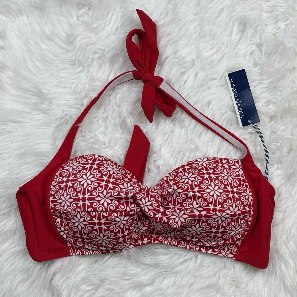 Sonnet Shores Beach Dandy Red White Floral Halter Bikini Top Size 14